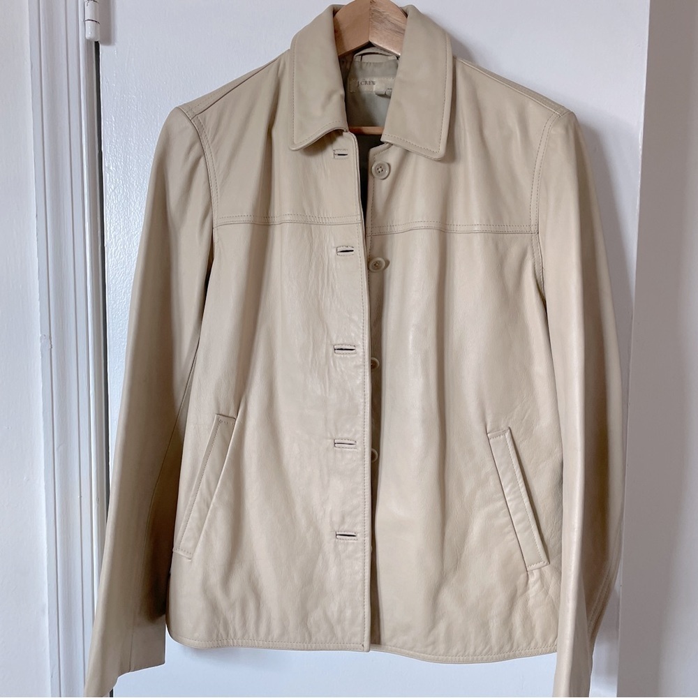 Vintage J. Crew Cream Beige Leather Trucker Barn Field Jacket Fully Lined M
